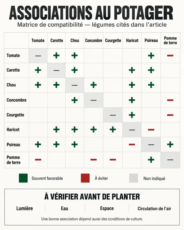 Tableau d’associations de légumes au potager avec compatibilités entre tomate, carotte, chou, haricot et autres cultures