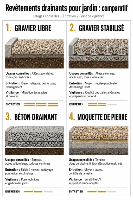 Comparatif gravier jardin sans entretien : gravier libre, gravier stabilisé, béton drainant et moquette de pierre