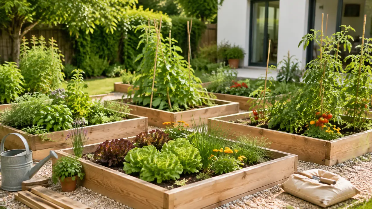 Potager en carrés structuré avec des bacs en bois et des plantations variées