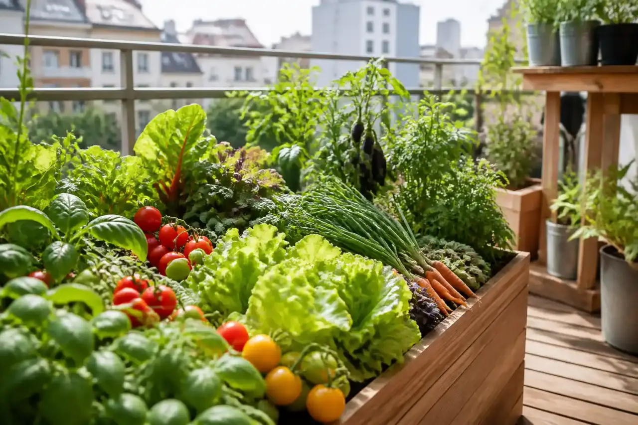 Magnifique potager en pot bien structuré sur une terrasse ensoleillée
