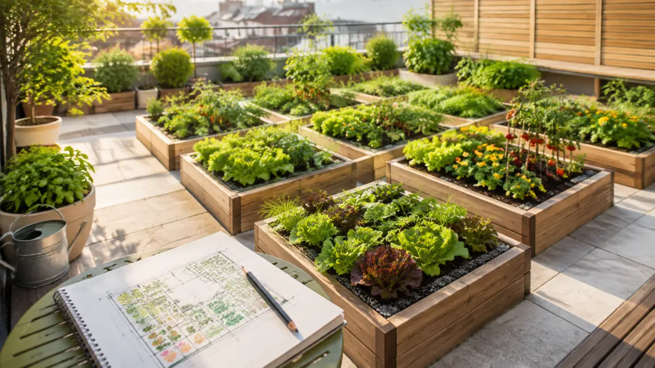 Potager carré structuré sur une petite terrasse
