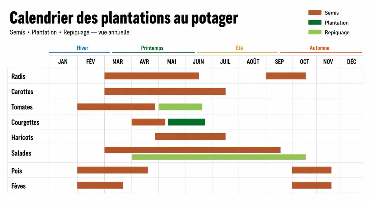 Calendrier des plantations potager mois par mois avec semis, plantations et repiquage au jardin