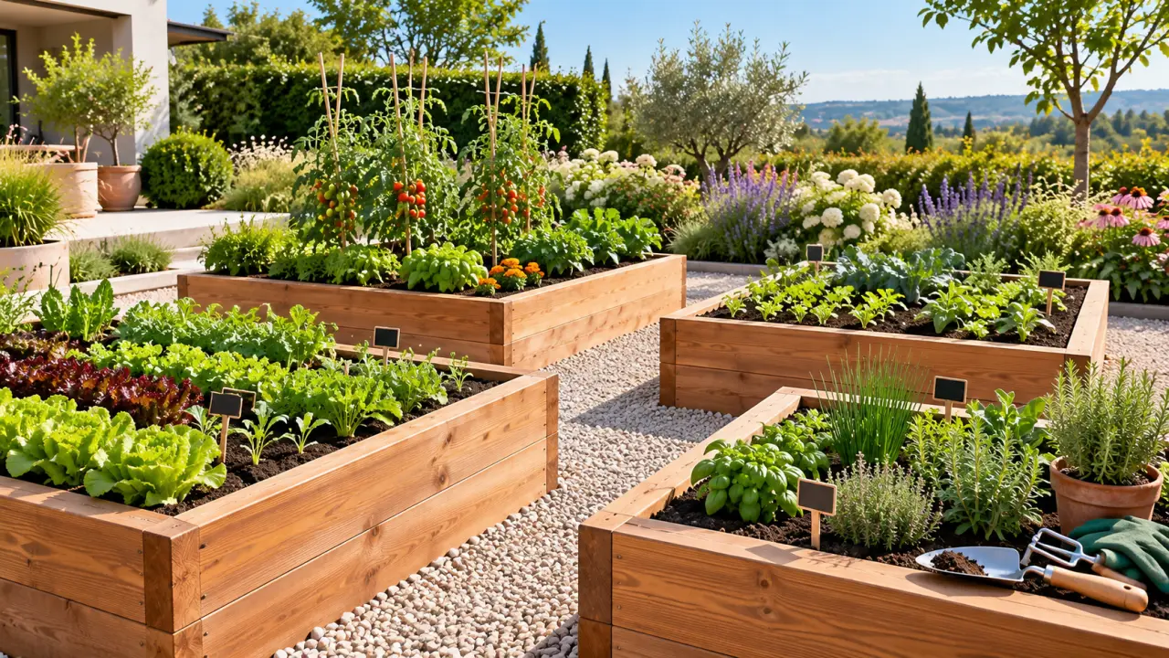 Potager en carrés structuré avec des plantations variées et des allées nettes