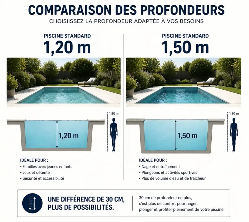 Comparaison visuelle entre une piscine hors sol standard et une piscine hors sol 1m50 hauteur pour mieux comprendre le gain de profondeur