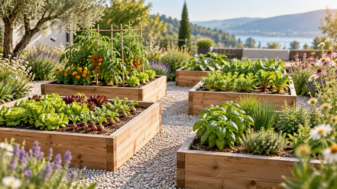 Potager en carrés structuré avec des plantations variées et des allées en terre cuite