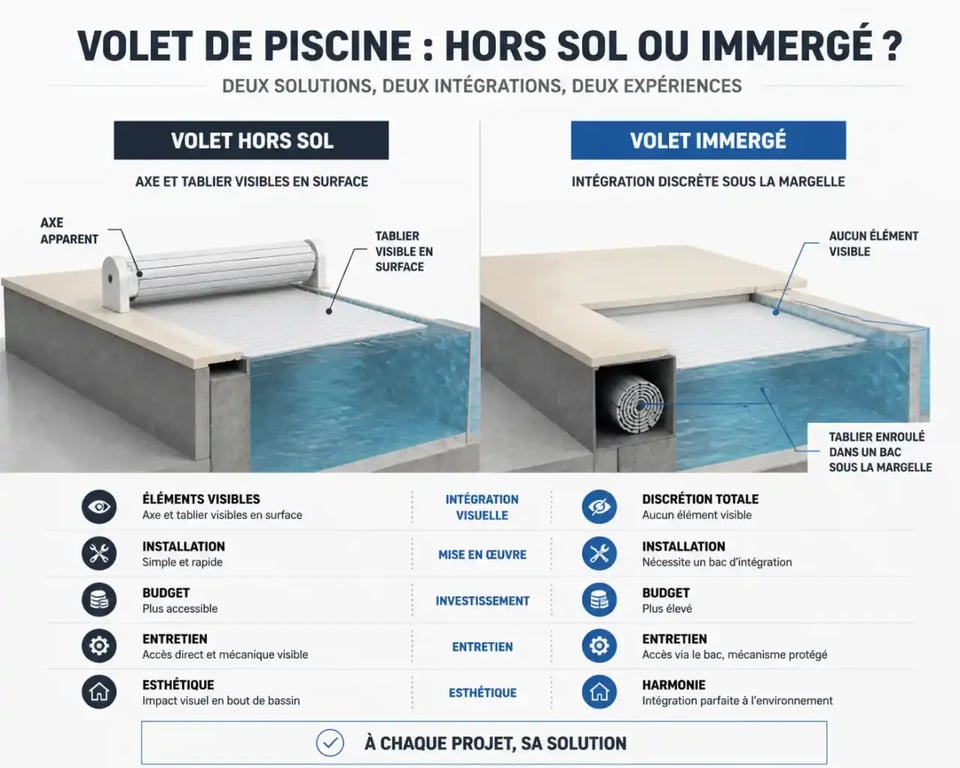 Comparatif volet piscine hors sol et volet immergé en coupe