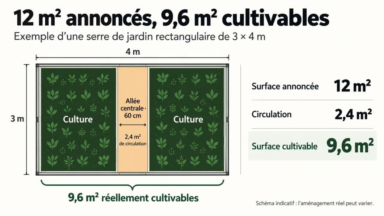 Infographie sur la surface cultivable d'une serre de jardin 12m2 avec allée centrale