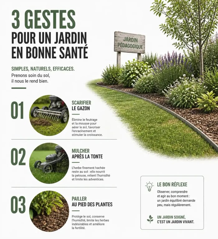 Gestes techniques d'entretien du jardin avec scarification, mulching et paillage