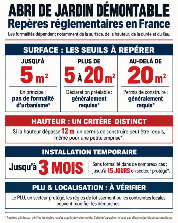 Réglementation abri de jardin démontable : seuils de surface, hauteur, durée et localisation