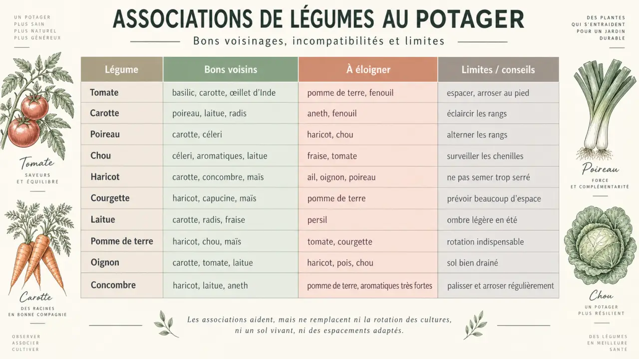 Tableau d’associations des légumes au potager en PDF : les bons voisinages, les incompatibilités et les limites