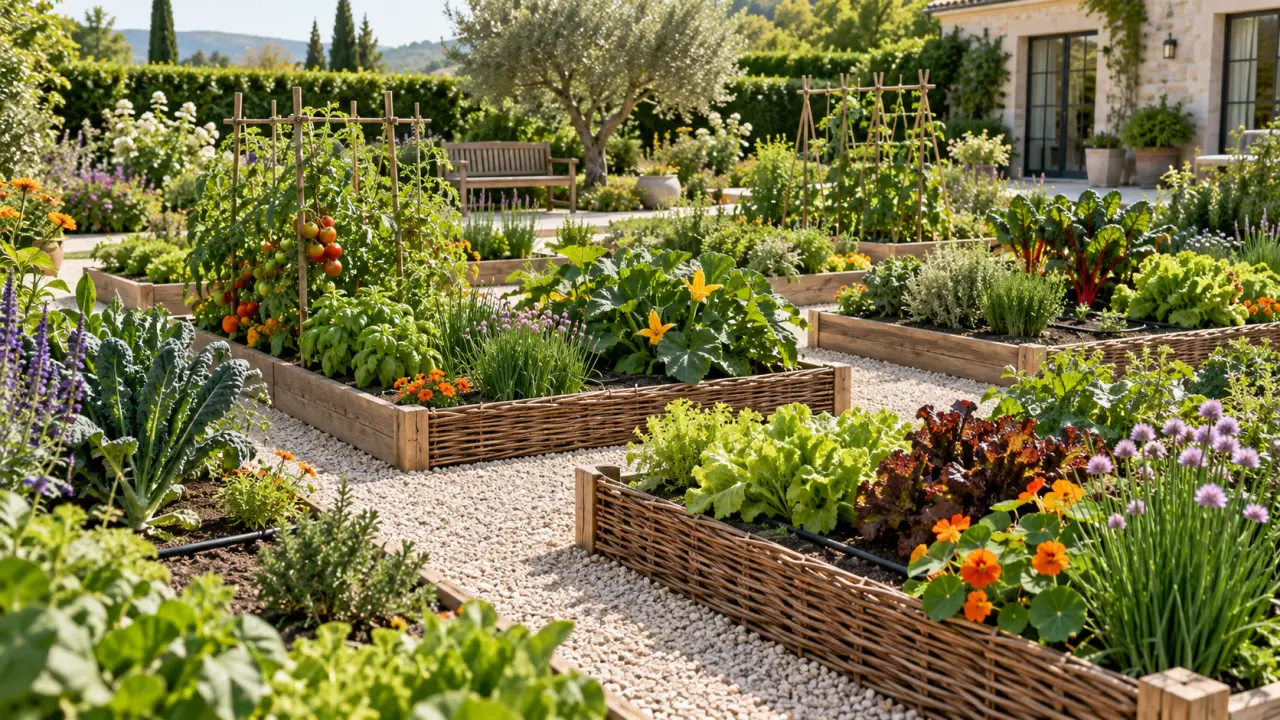 Potager en carrés structuré par des bordures en bois et des plantations variées