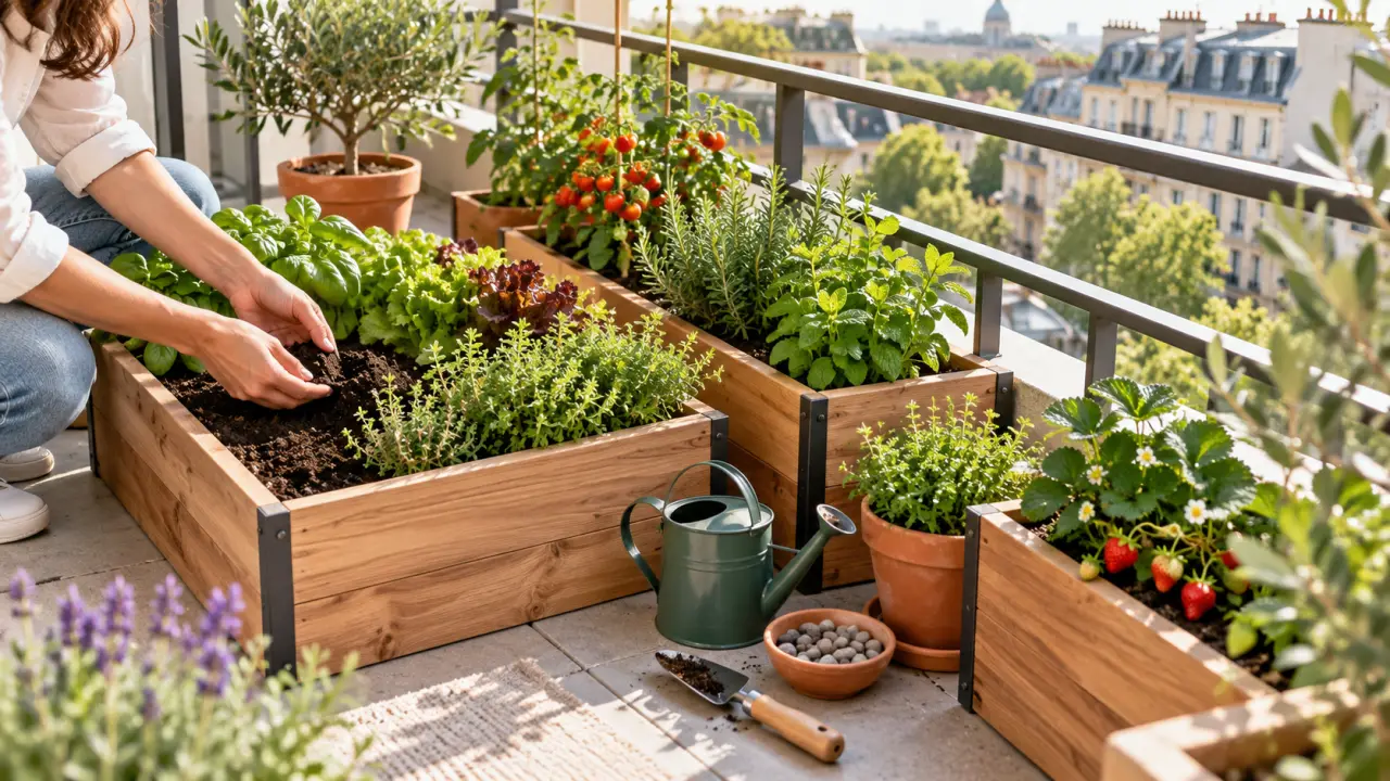 Balcon aménagé avec des bacs de culture, des herbes aromatiques et des légumes