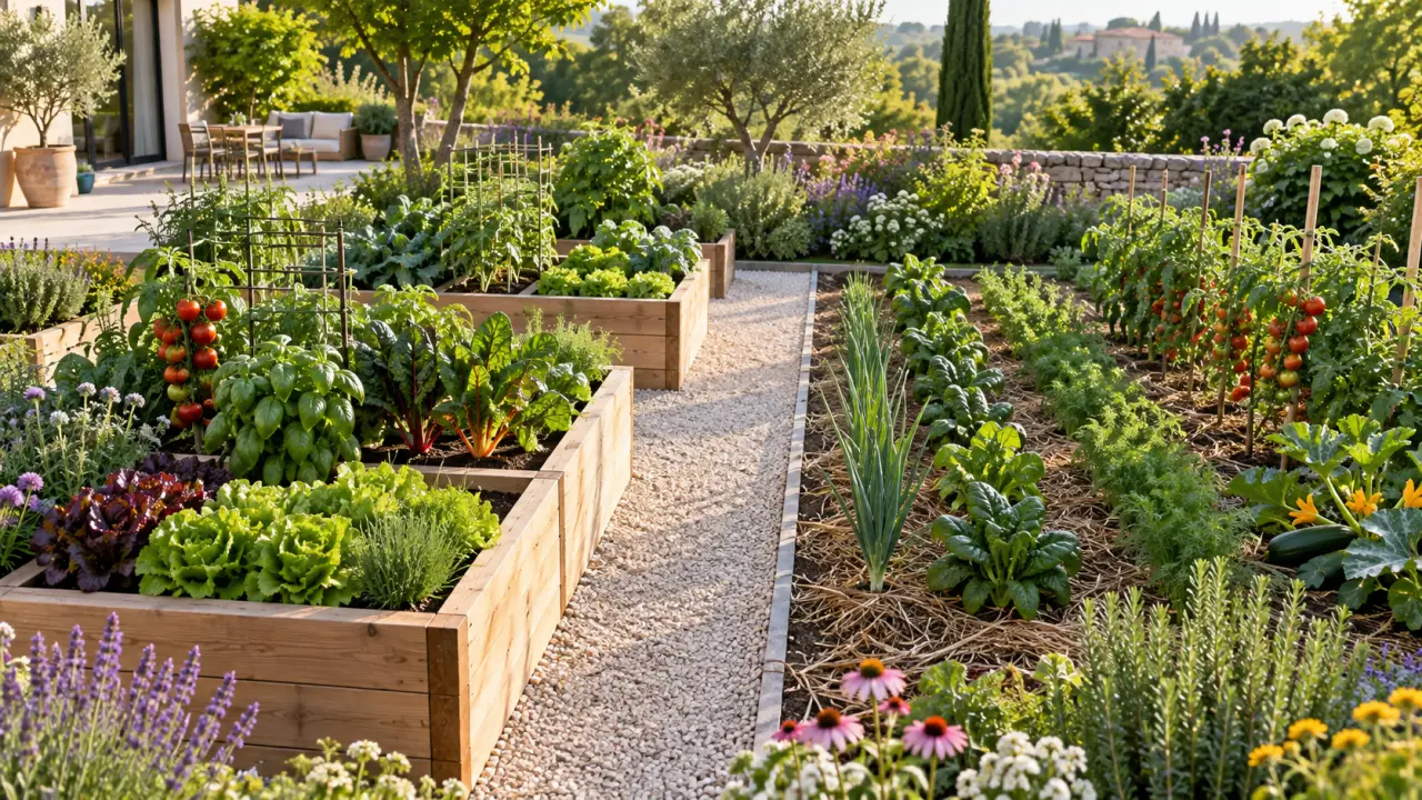 Potager structuré comparant des carrés surélevés et des plantations en pleine terre