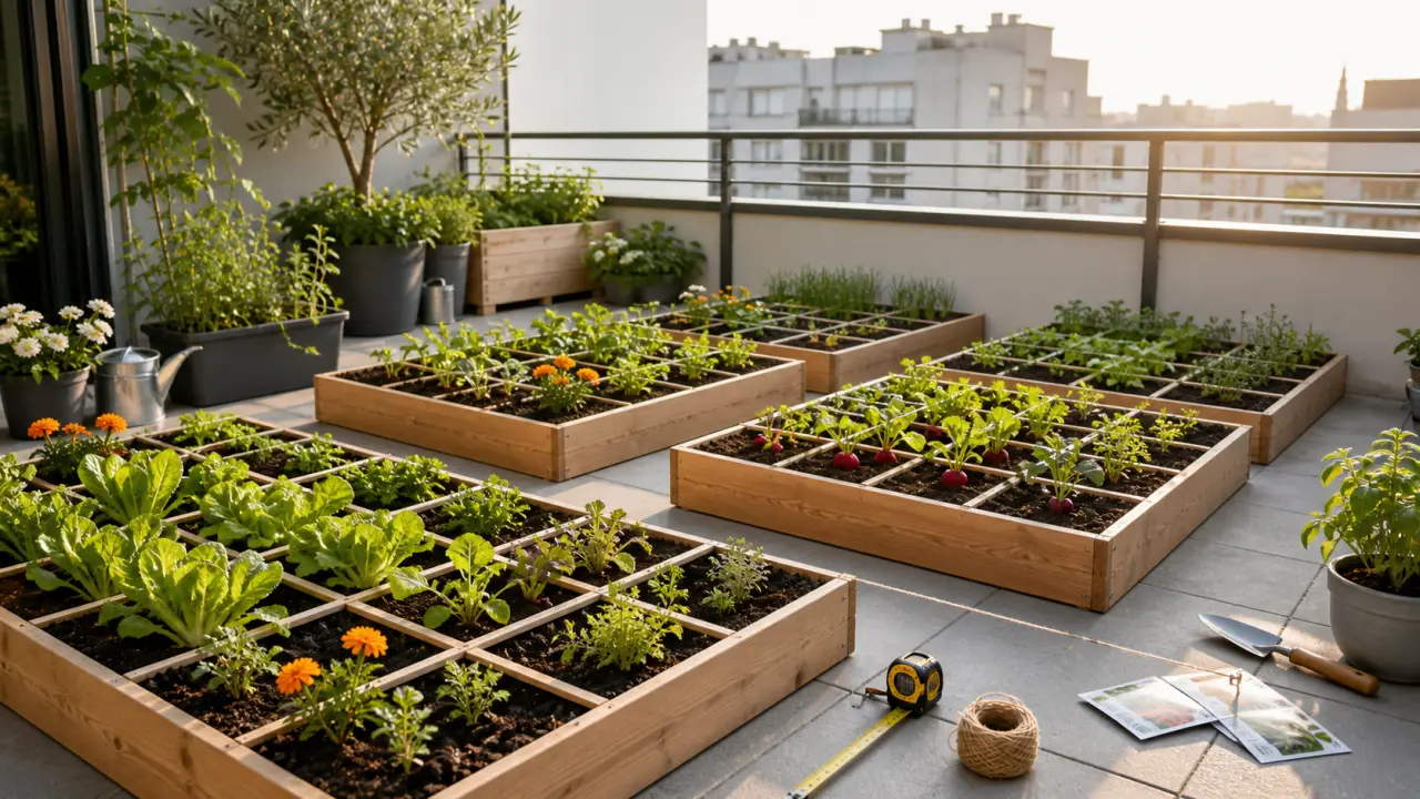 Potager en carrés sur un balcon, organisé de façon géométrique et baigné de lumière douce