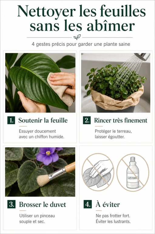 Nettoyage feuille plante verte : schéma des gestes doux pour grandes feuilles, petites feuilles, feuillage duveteux et cactus