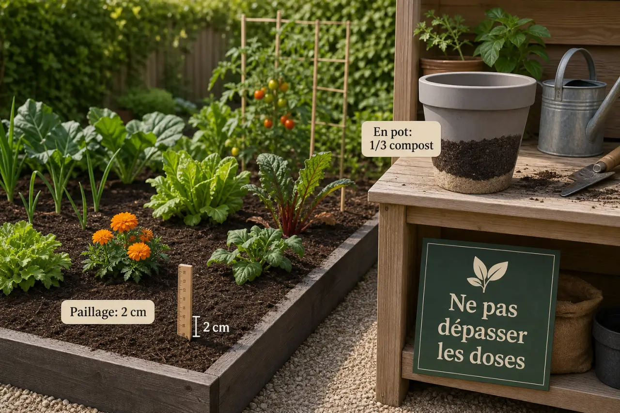 Compost pour jardin : 2 cm en paillage, 1/3 en pot, et les doses à ne pas dépasser