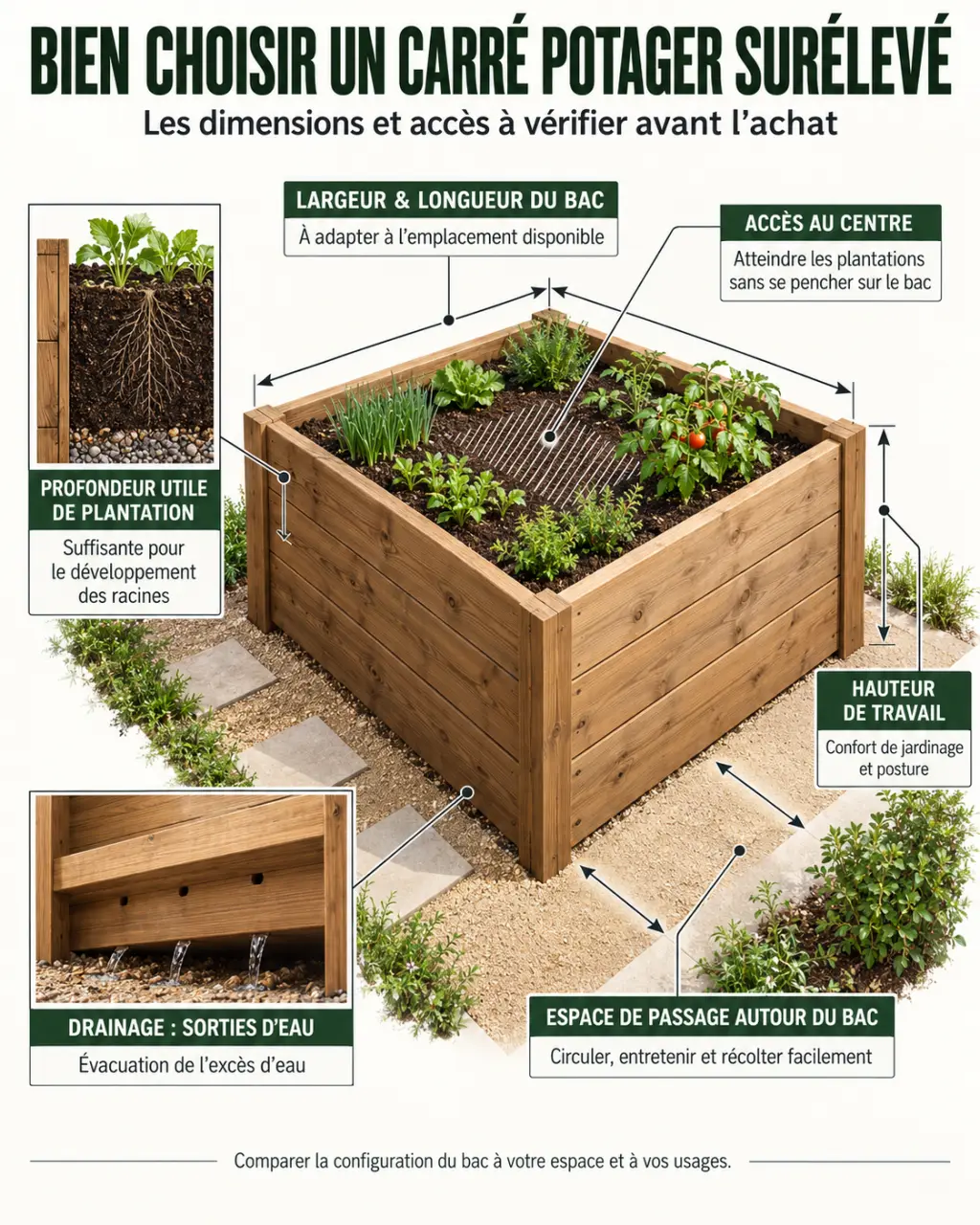 Infographie des critères de choix pour des carrés potager surélevés