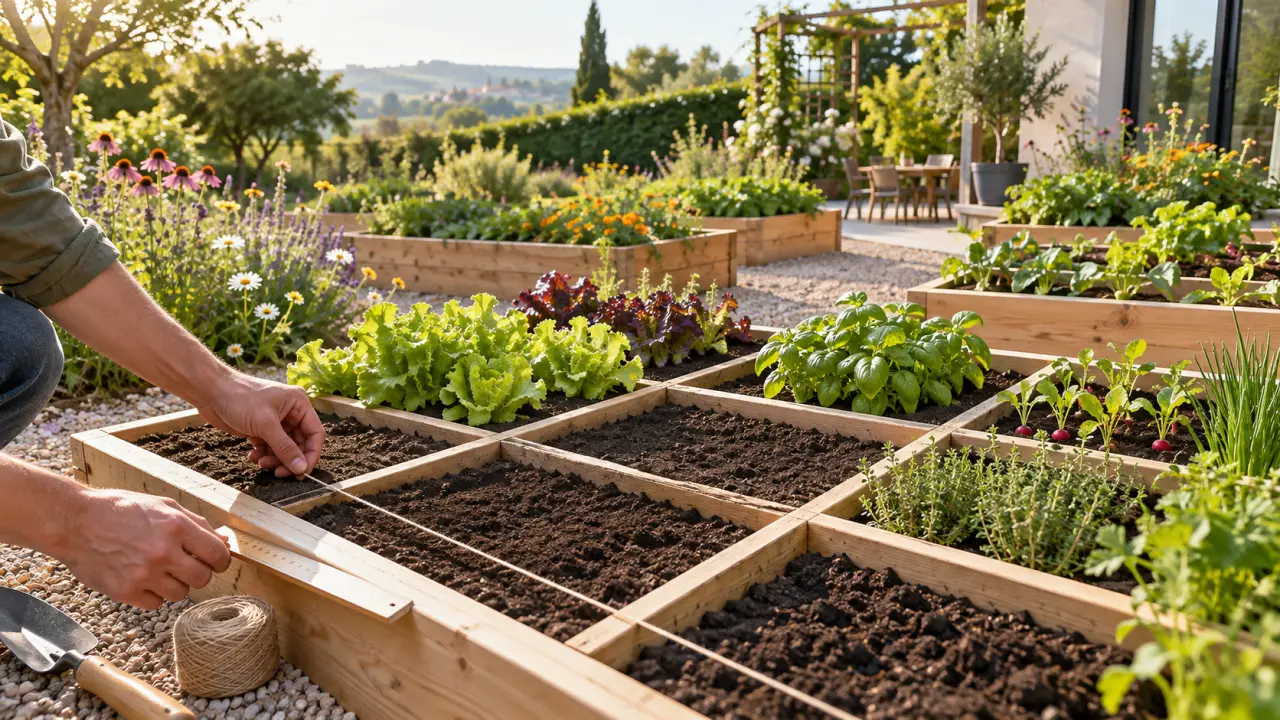 Potager en carrés soigneusement organisé dans un jardin